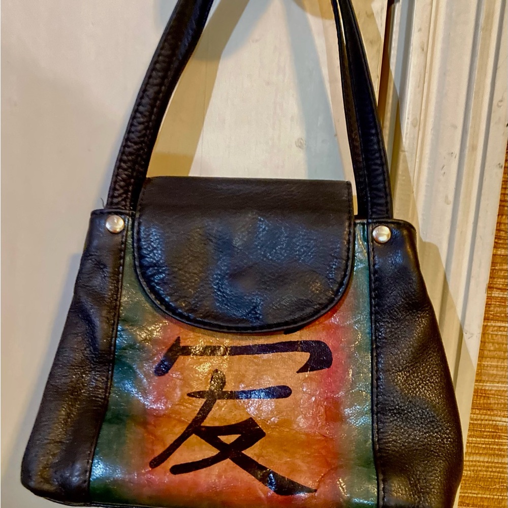 Black Leather Small Hand Bag w/Multicolor Front Panel and Asian Character Print